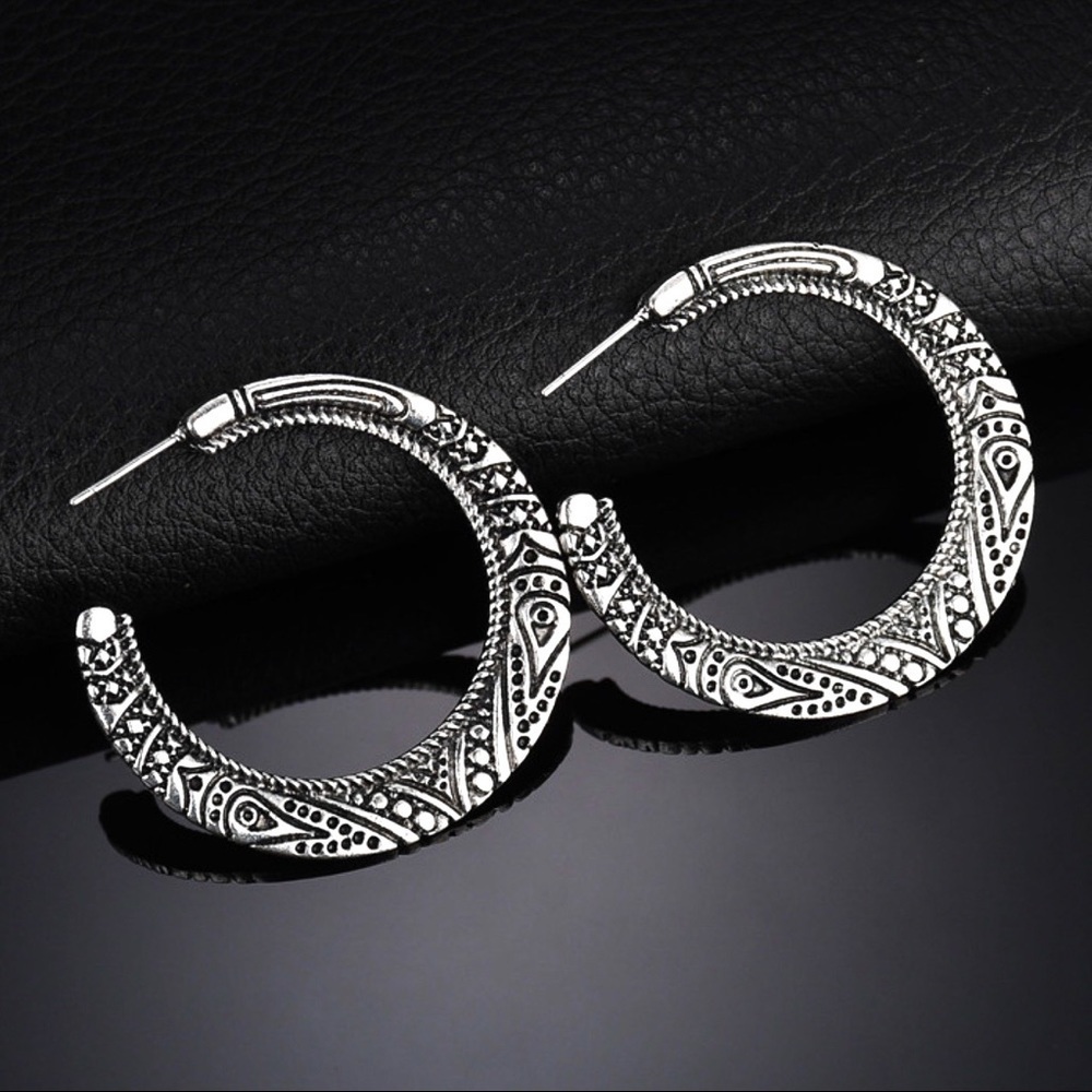 Any 3/$25! Silver Engraved Boho Flat Hoop Earrings - Picture 2 of 10